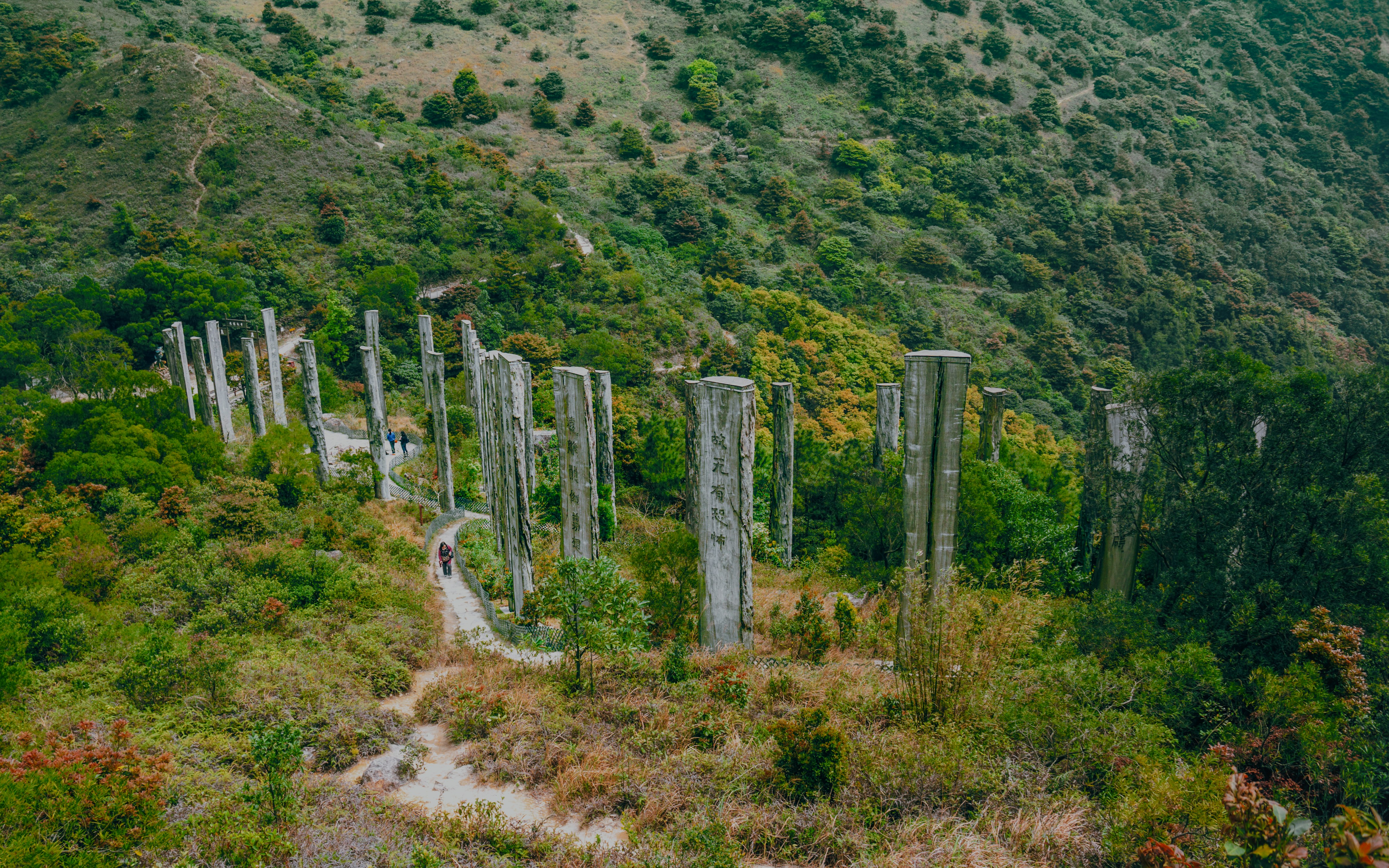 Wisdom Path with wooden pillars on Ngong Ping, Lantau Island, Hong Kong, surrounded by lush hills.