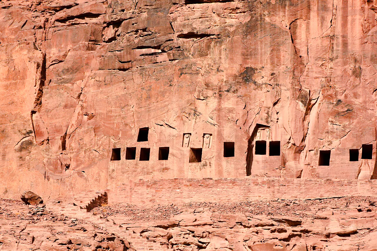 Ancient rock-cut tombs at Dadan in AlUla, Medina, part of the guided tour.