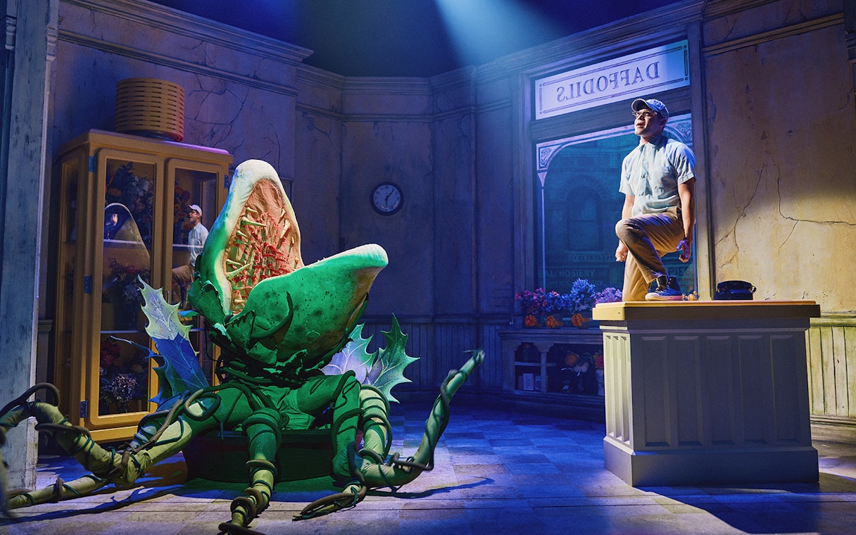 Man standing on counter next to large plant puppet in "Little Shop of Horrors" stage set.