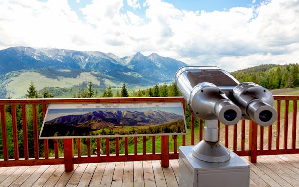 Observation deck view of Tatra Mountains on Slovakia Treetop Walk tour.