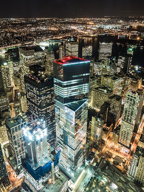 Aerial view of New York City skyline at night from One World Observatory.