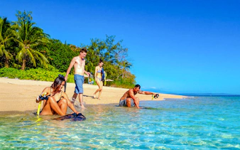 Snorkelers preparing on Low Isles beach, Port Douglas cruise.
