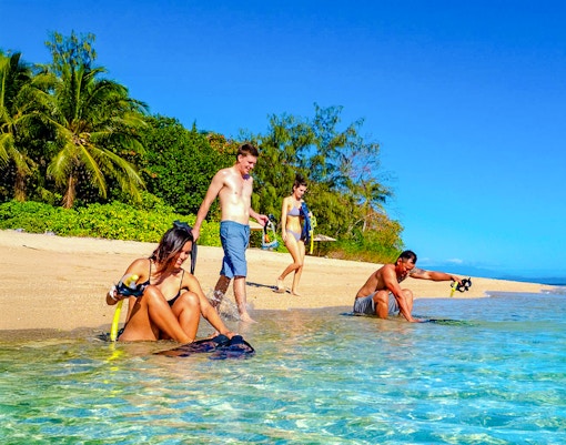Snorkelers preparing on Low Isles beach, Port Douglas cruise.