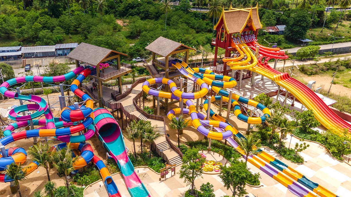 Aerial view of Andamanda Phuket water park with pools and slides in Phuket, Thailand.