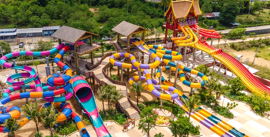 Aerial view of colorful water slides at Andamanda Phuket water park.