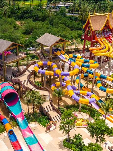 Aerial view of colorful water slides at Andamanda Phuket water park.