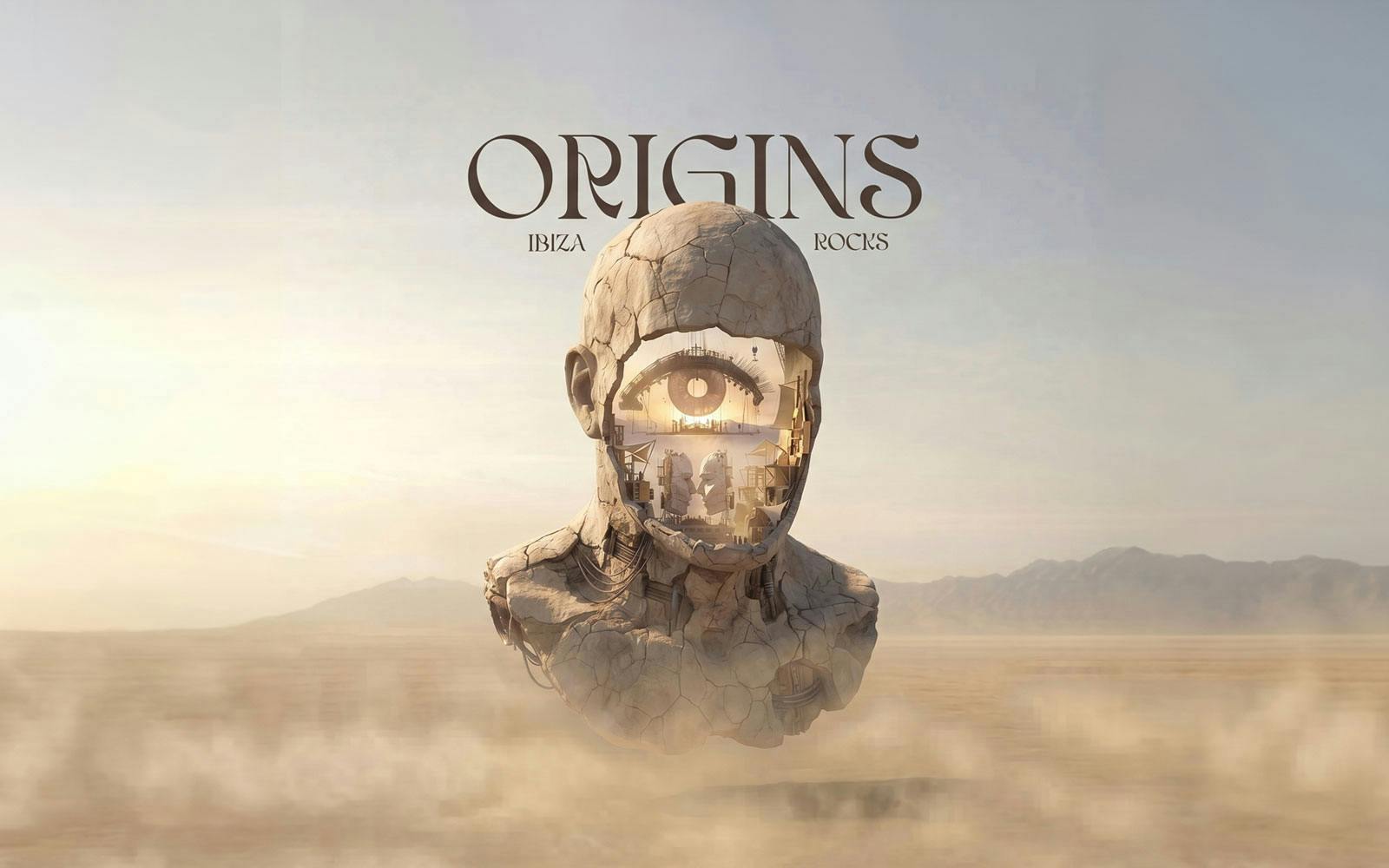 Surreal sculpture with an eye and interior scene, promoting Origins party at Ibiza Rocks.