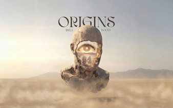 Surreal sculpture with an eye and interior scene, promoting Origins party at Ibiza Rocks.