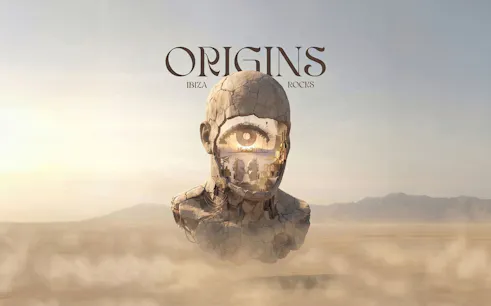 Surreal sculpture with an eye and interior scene, promoting Origins party at Ibiza Rocks.