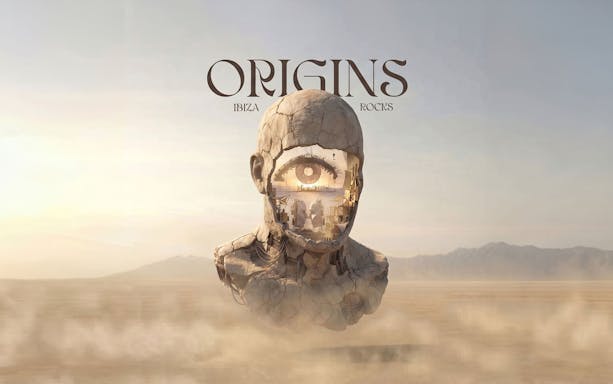 Surreal sculpture with an eye and interior scene, promoting Origins party at Ibiza Rocks.