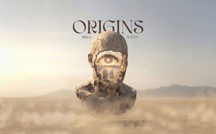 Surreal sculpture with an eye and interior scene, promoting Origins party at Ibiza Rocks.