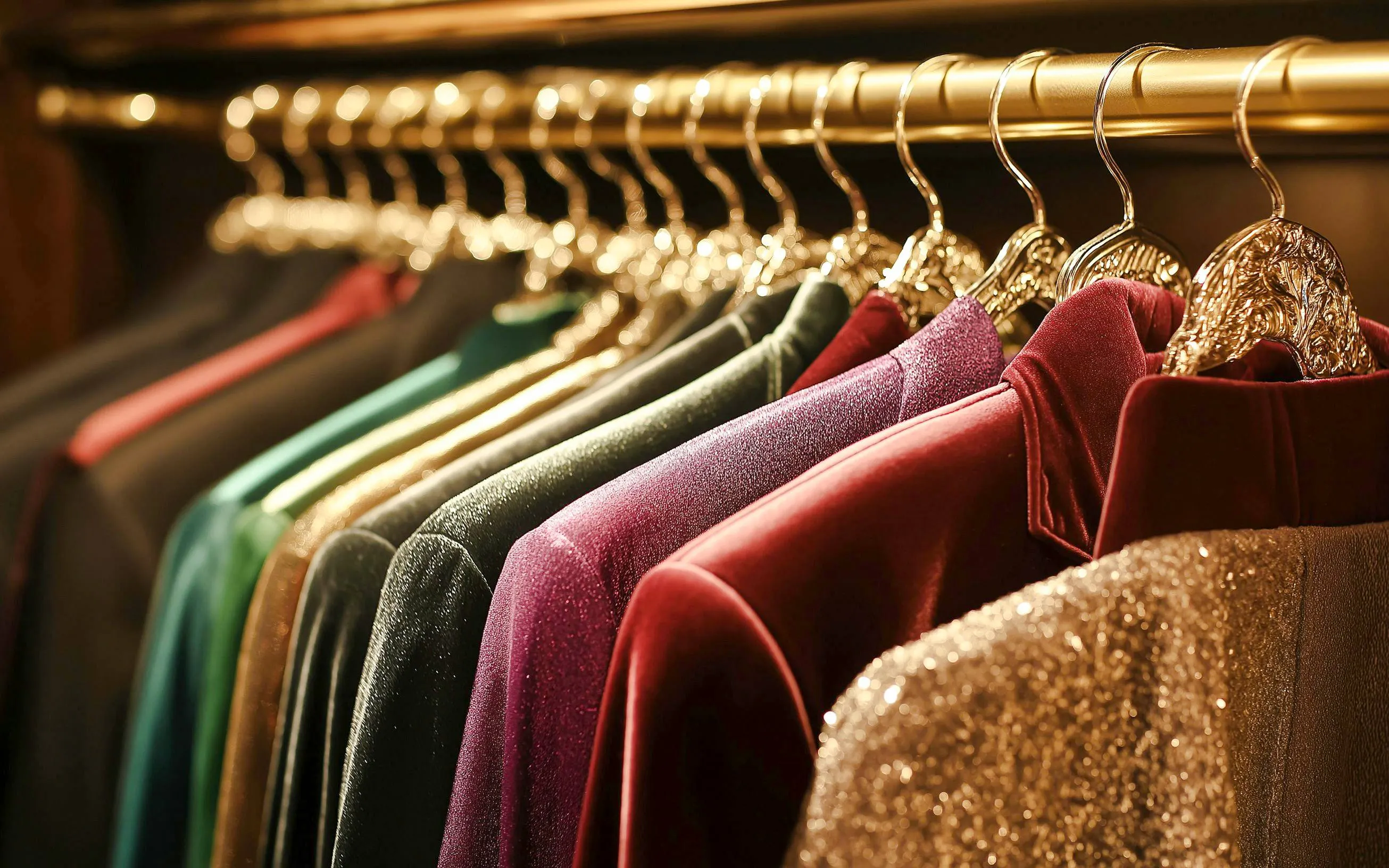 Elegant evening wear including satin gowns and velvet blazers on hangers.
