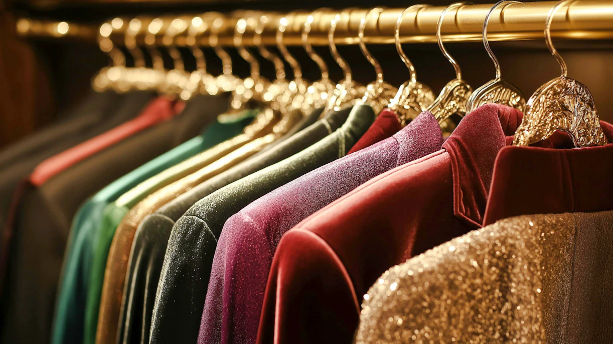 Elegant evening wear including satin gowns and velvet blazers on hangers.