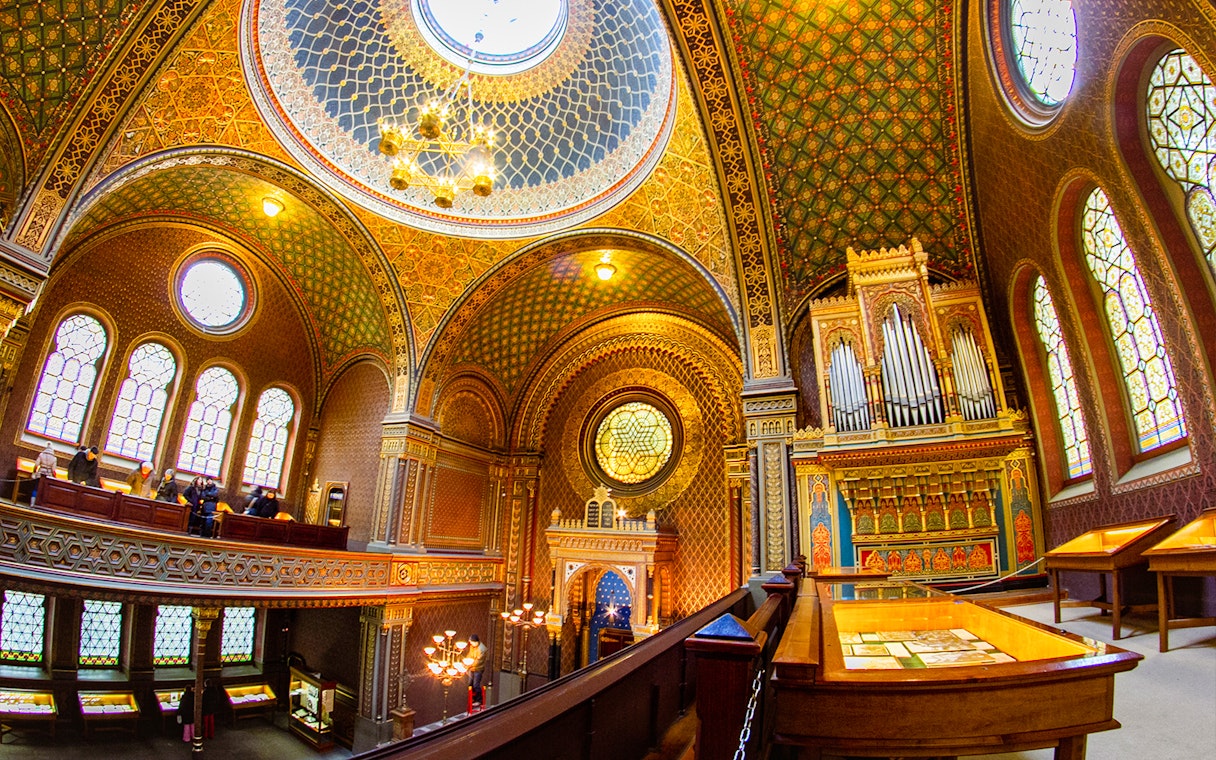 Interior of the Spanish Synagogue with ornate ceiling and organ, Prague concert venue.