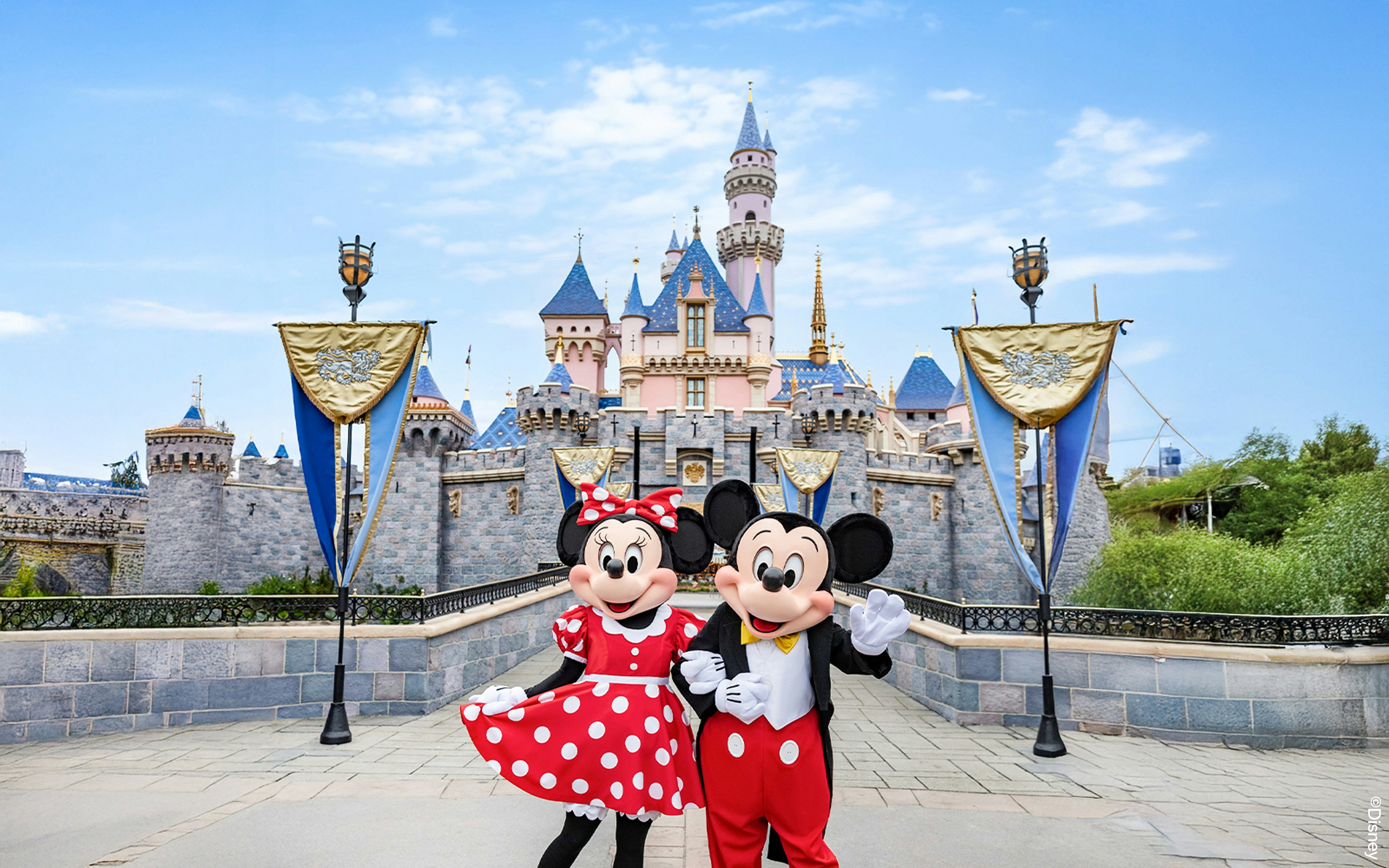 Mickey and Minnie Mouse in front of Sleeping Beauty Castle at Disneyland Park, California.