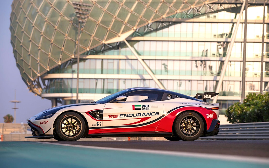 Aston Martin GT4 on track at Yas Marina Circuit, Abu Dhabi.