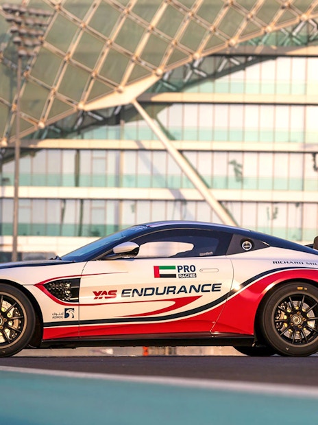 Aston Martin GT4 on track at Yas Marina Circuit, Abu Dhabi.