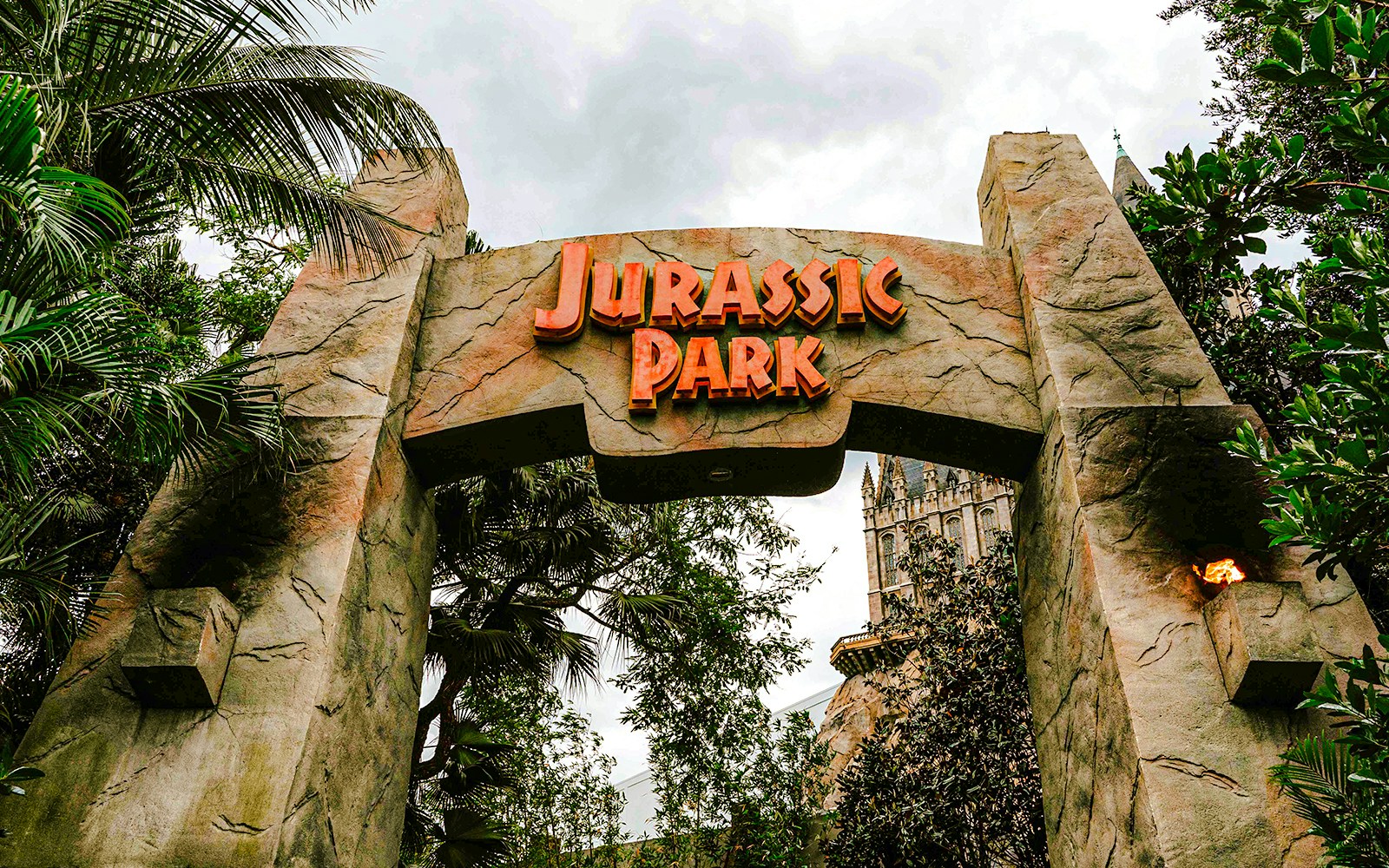 Entrance archway to Jurassic Park at Universal Studios Orlando.
