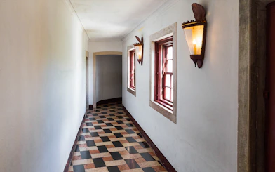 Hallway inside National Sintra Palace with Portuguese ceramic tiles.