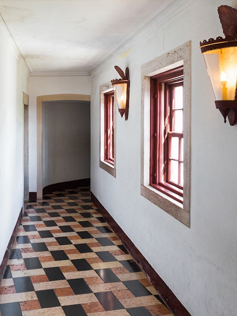 Hallway inside National Sintra Palace with Portuguese ceramic tiles.