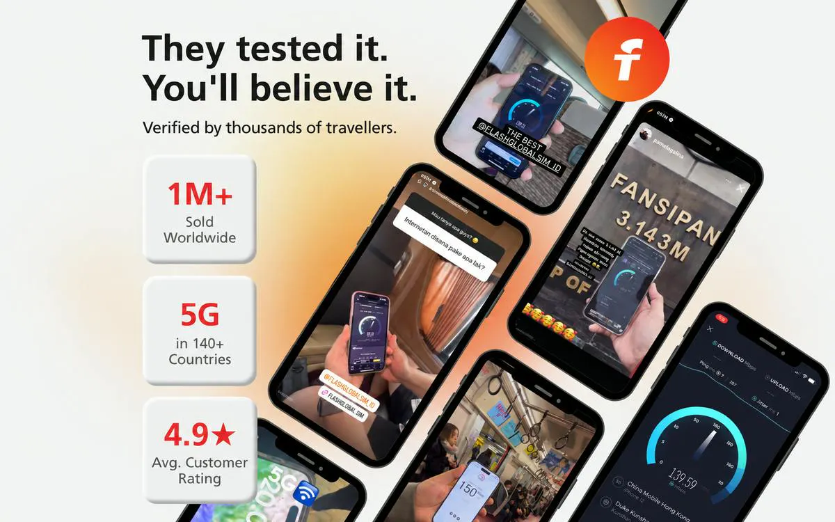 UK Data-Only eSIM promotion with speed tests and customer reviews, highlighting 5G coverage in London.