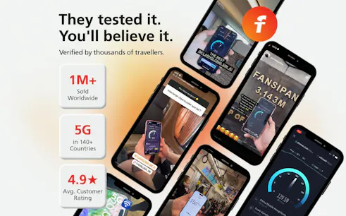 UK Data-Only eSIM promotion with speed tests and customer reviews, highlighting 5G coverage in London.