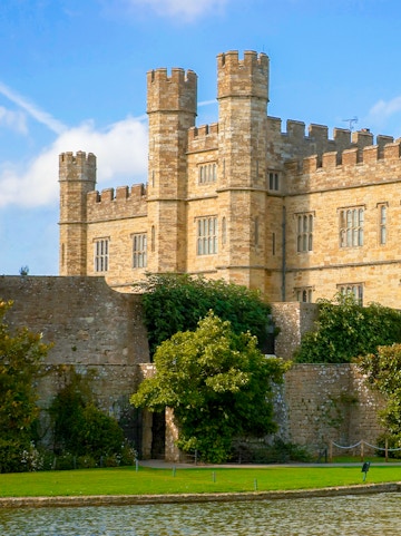 Leeds Castle in Kent with river and gardens, near London.