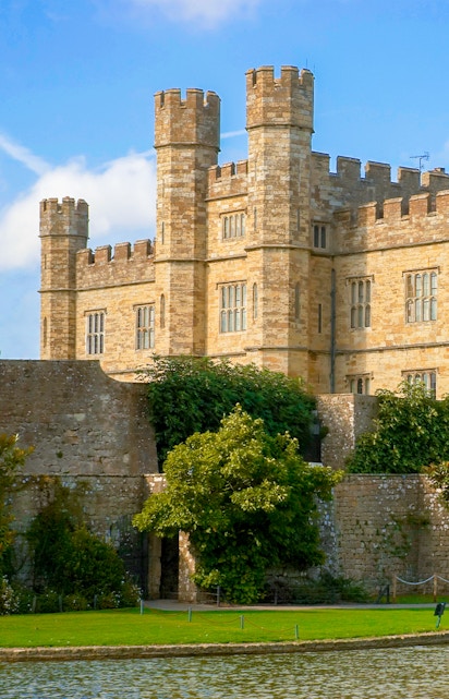 Leeds Castle in Kent with river and gardens, near London.