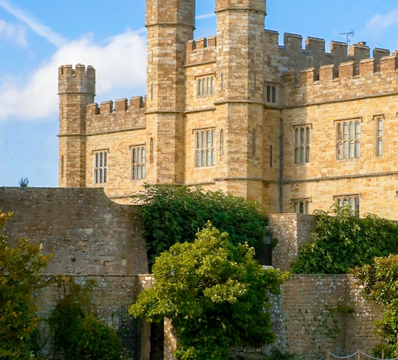 Leeds Castle in Kent with river and gardens, near London.