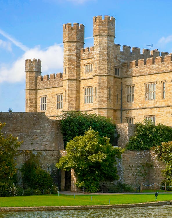 Leeds Castle in Kent with river and gardens, near London.