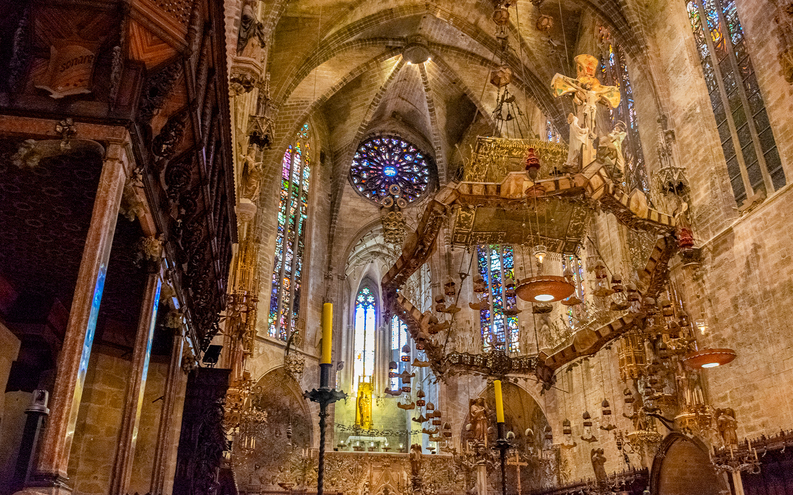 Altarpiece and stained glass windows inside Palma Cathedral, Mallorca.