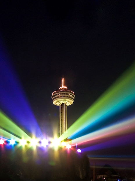 Skylon Tower illuminated by colorful lights during the Festival of Lights, Niagara Falls, Ontario.
