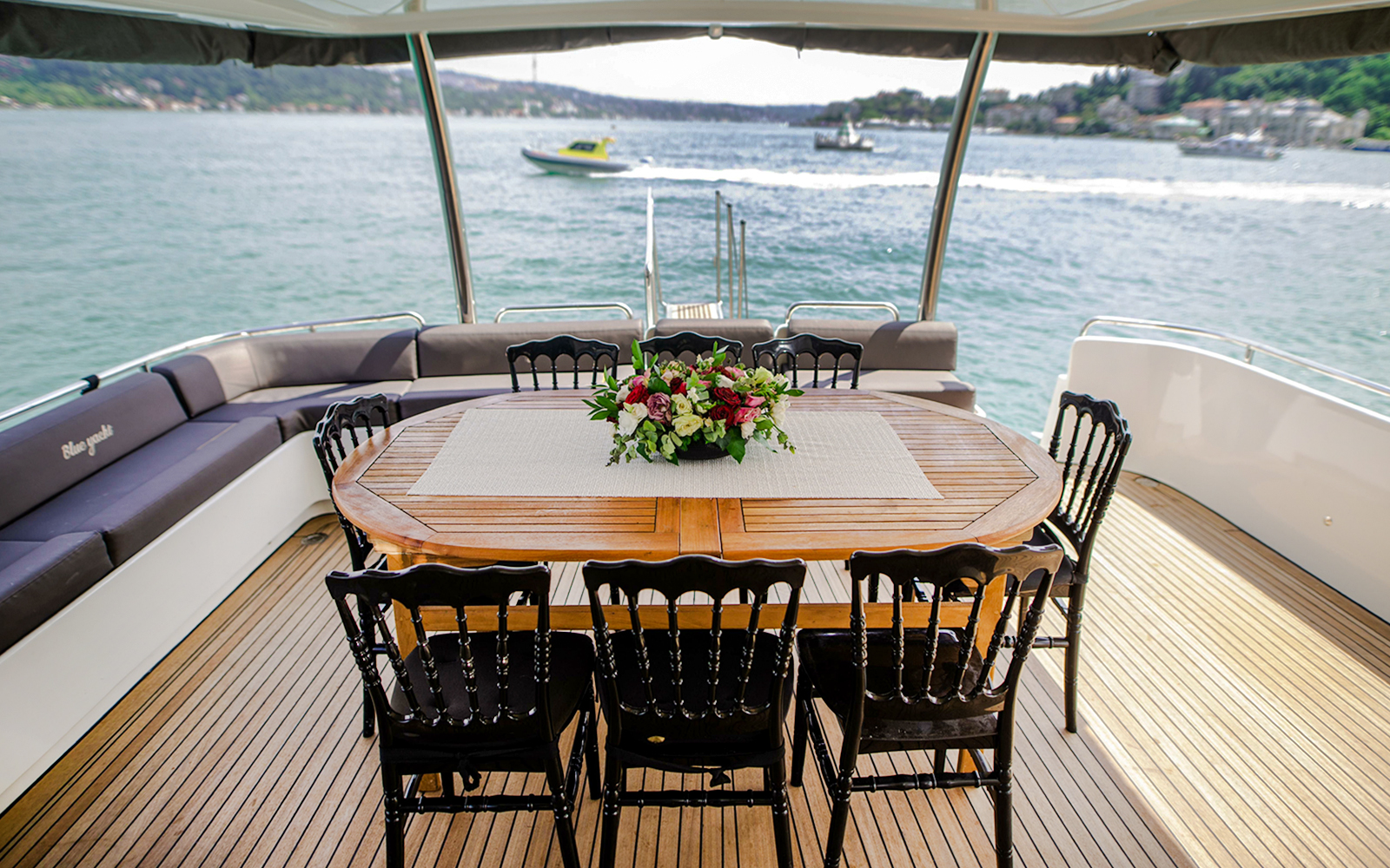Dining setup on a luxury yacht cruise along the Bosphorus.