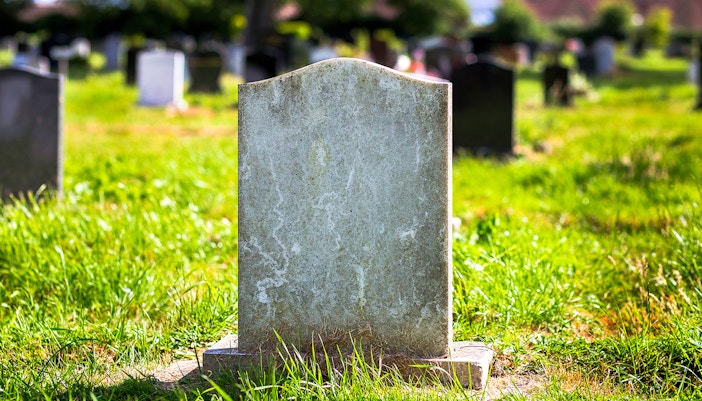 Gravestone in a sunlit cemetery with green grass and distant headstones.