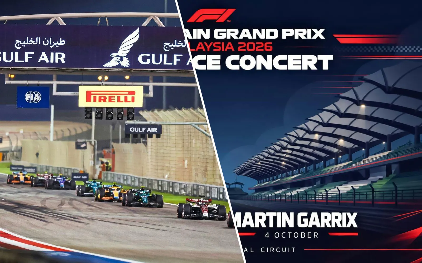 Bahrain F1 Grand Prix race with Gulf Air signage and Malaysia 2026 post-race concert announcement.