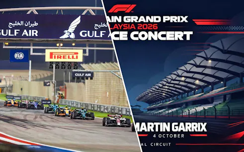 Bahrain F1 Grand Prix race with Gulf Air signage and Malaysia 2026 post-race concert announcement.