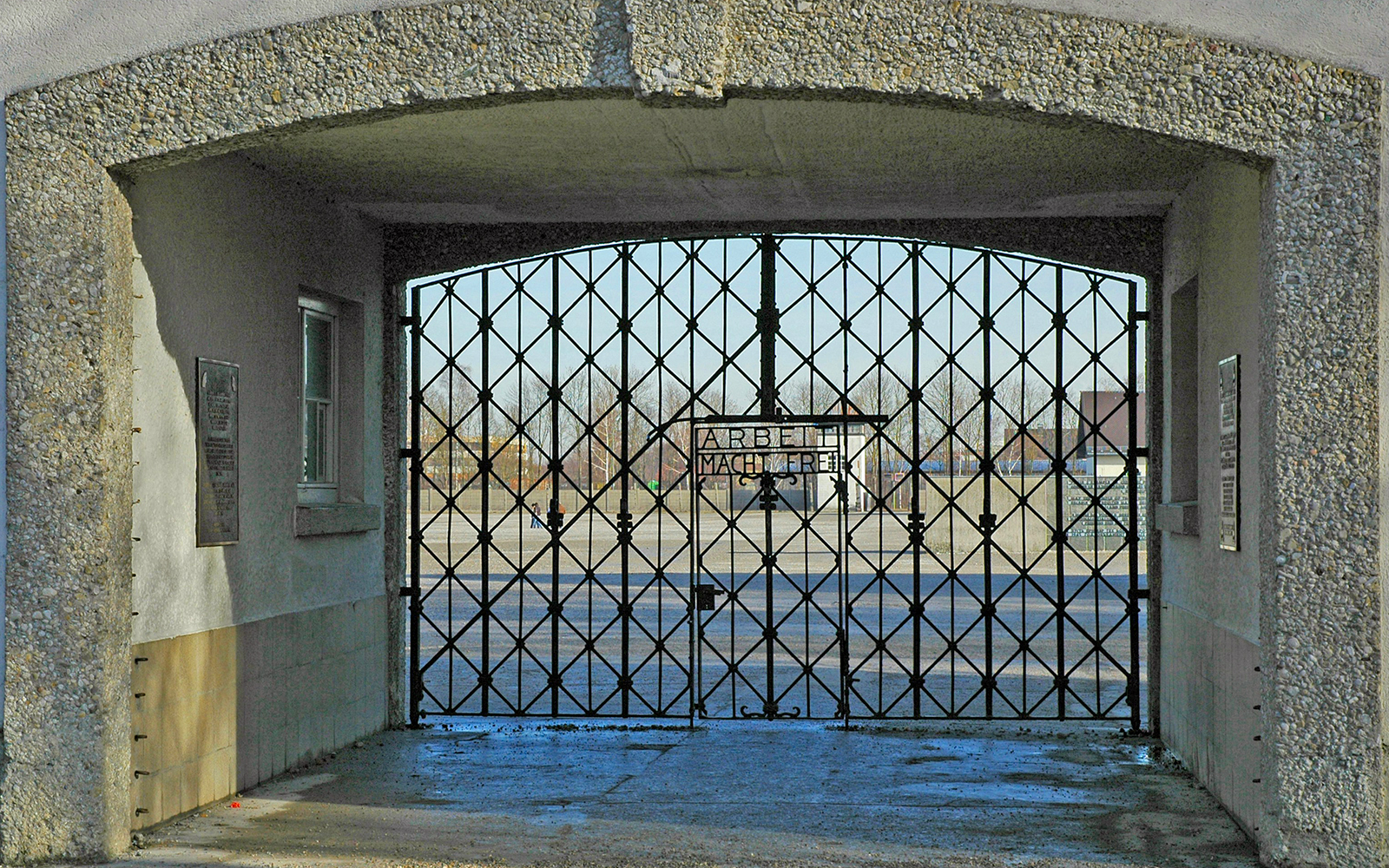 Main gate entrance to Dachau Concentration Camp Memorial Site, Germany.