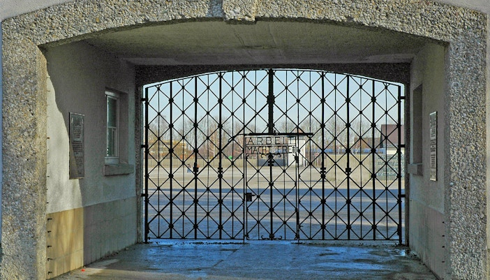 Main gate entrance to Dachau Concentration Camp Memorial Site, Germany.