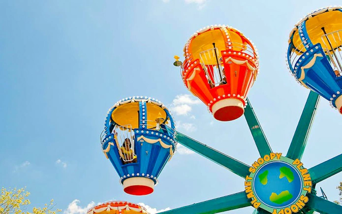 Colorful hot air balloon ride at Snoopy's Revolution, Canada's Wonderland.