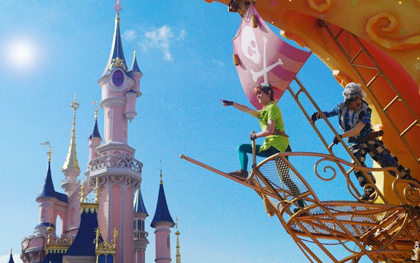 Peter Pan and pirate on a ship near Sleeping Beauty Castle at Disneyland Paris.