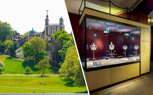 Visitors at Royal Observatory Greenwich and crown jewels display at Tower of London, England.
