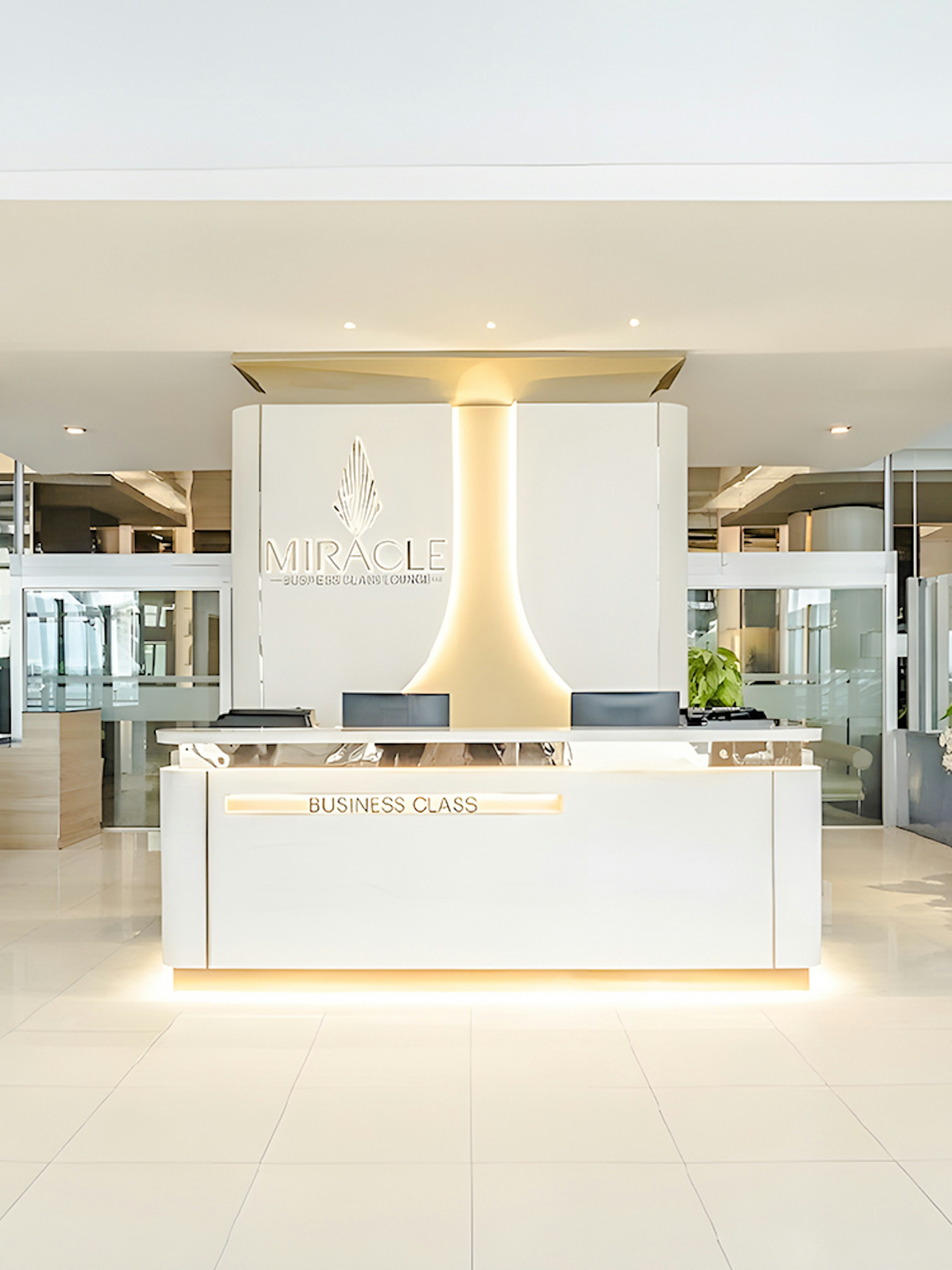 Miracle Lounge reception area at Bangkok Airport, Thailand, featuring business class services.