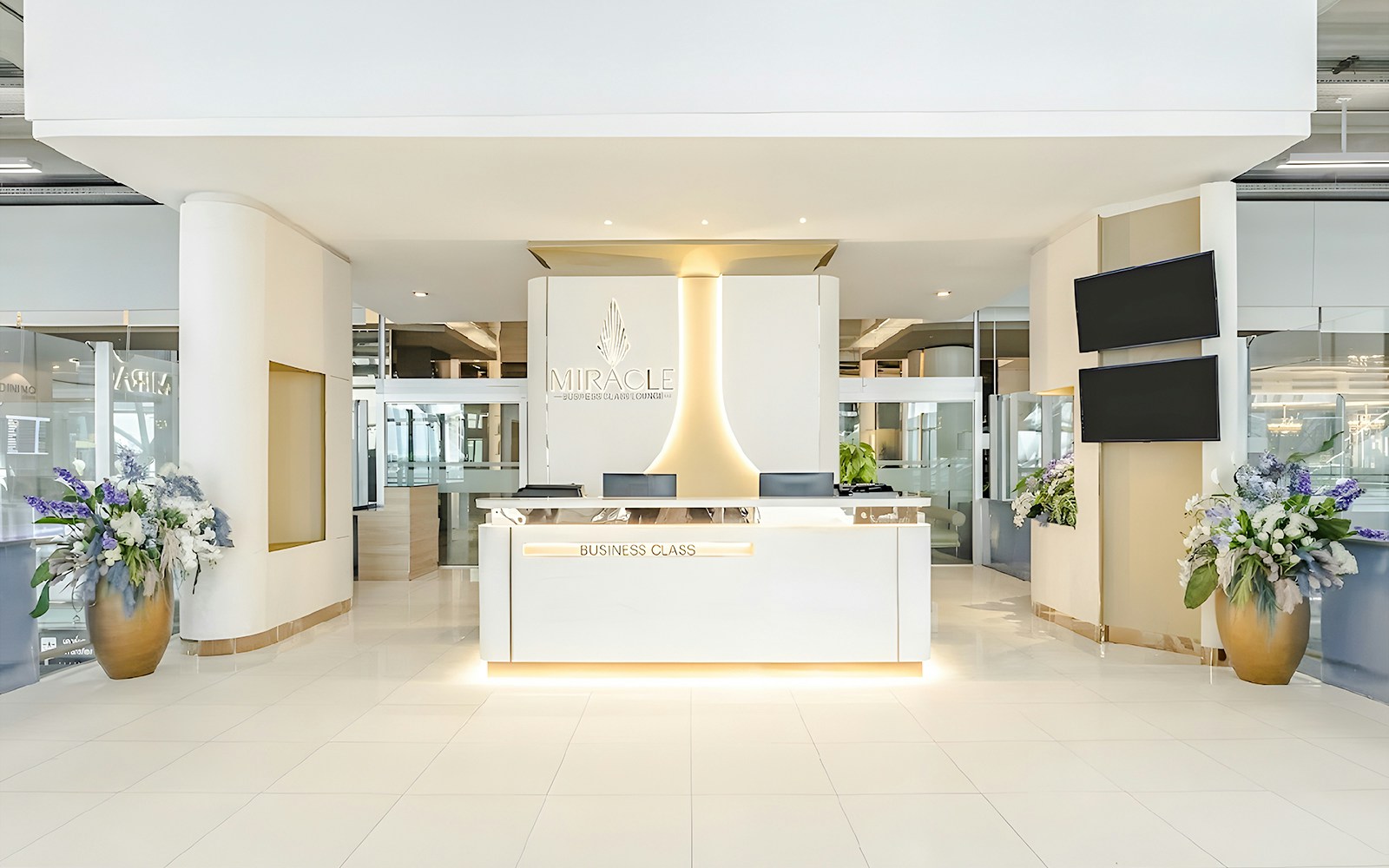 Miracle Lounge reception area at Bangkok Airport, Thailand, featuring business class services.
