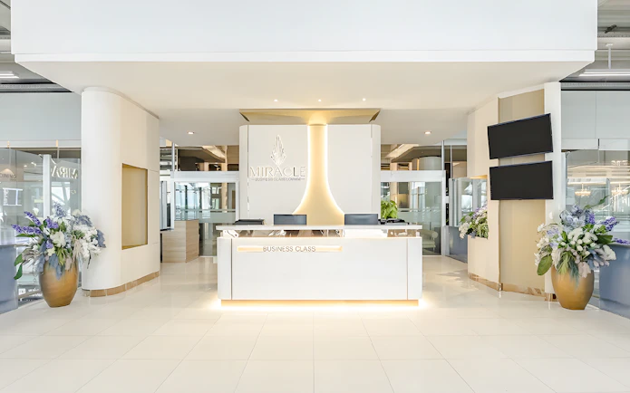 Miracle Lounge reception area at Bangkok Airport, Thailand, featuring business class services.