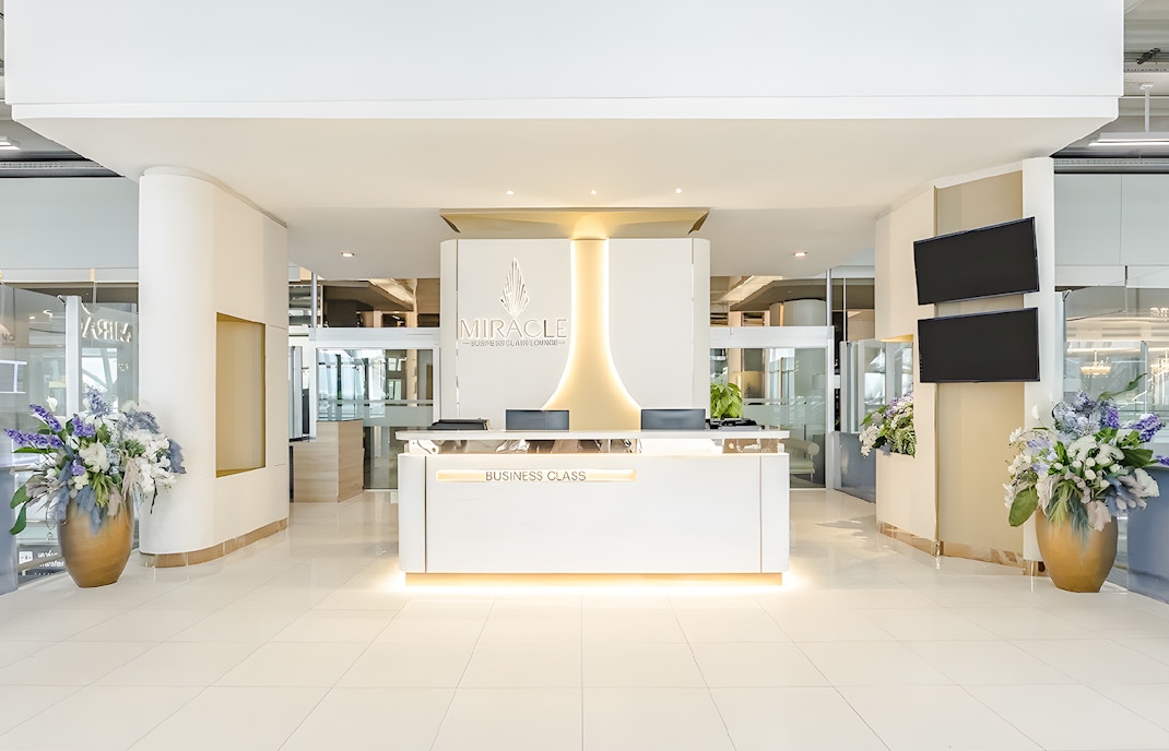 Miracle Lounge reception area at Bangkok Airport, Thailand, featuring business class services.