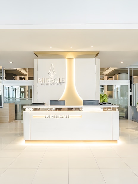Miracle Lounge reception area at Bangkok Airport, Thailand, featuring business class services.