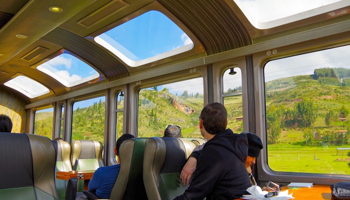 Panorama train window view of Machu Picchu starting from Aguascalientes