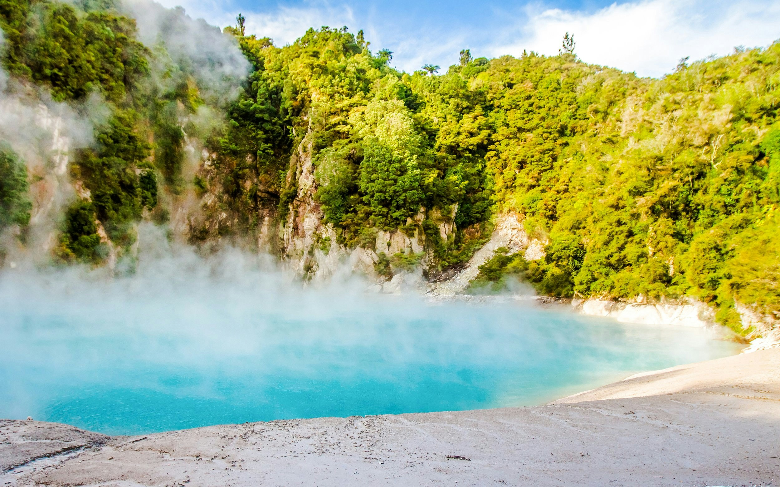 Geothermal steam rising from a turquoise lake in Waimangu Valley near Rotorua.