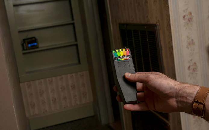 Hand holding an EMF meter during a paranormal investigation in Savannah.