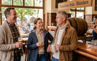 Group enjoying beer at Augustiner Bräu during Munich's Oktoberfest Keg Tapping tour.